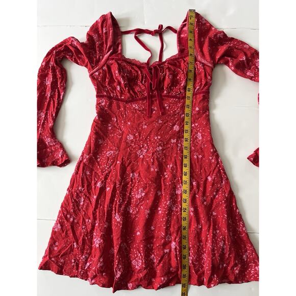 Free People Tess Mini Dress XS Red Floral Y2K Milkmaid Velvet Trim Empire Waist - Picture 6 of 11